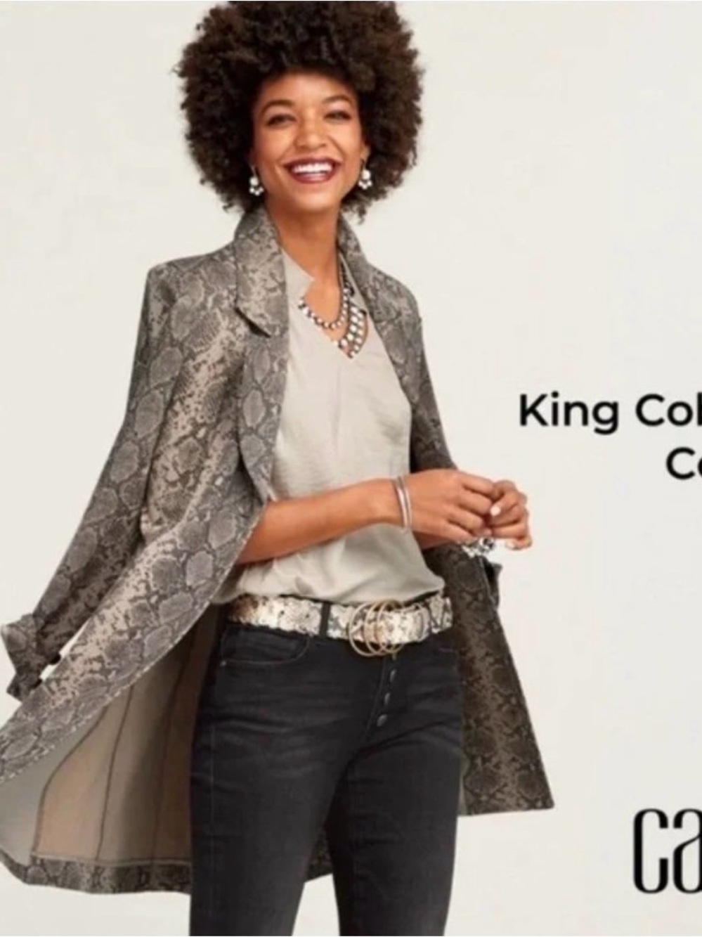 CAbi Beige and Taupe Snake-Print Trench Coat